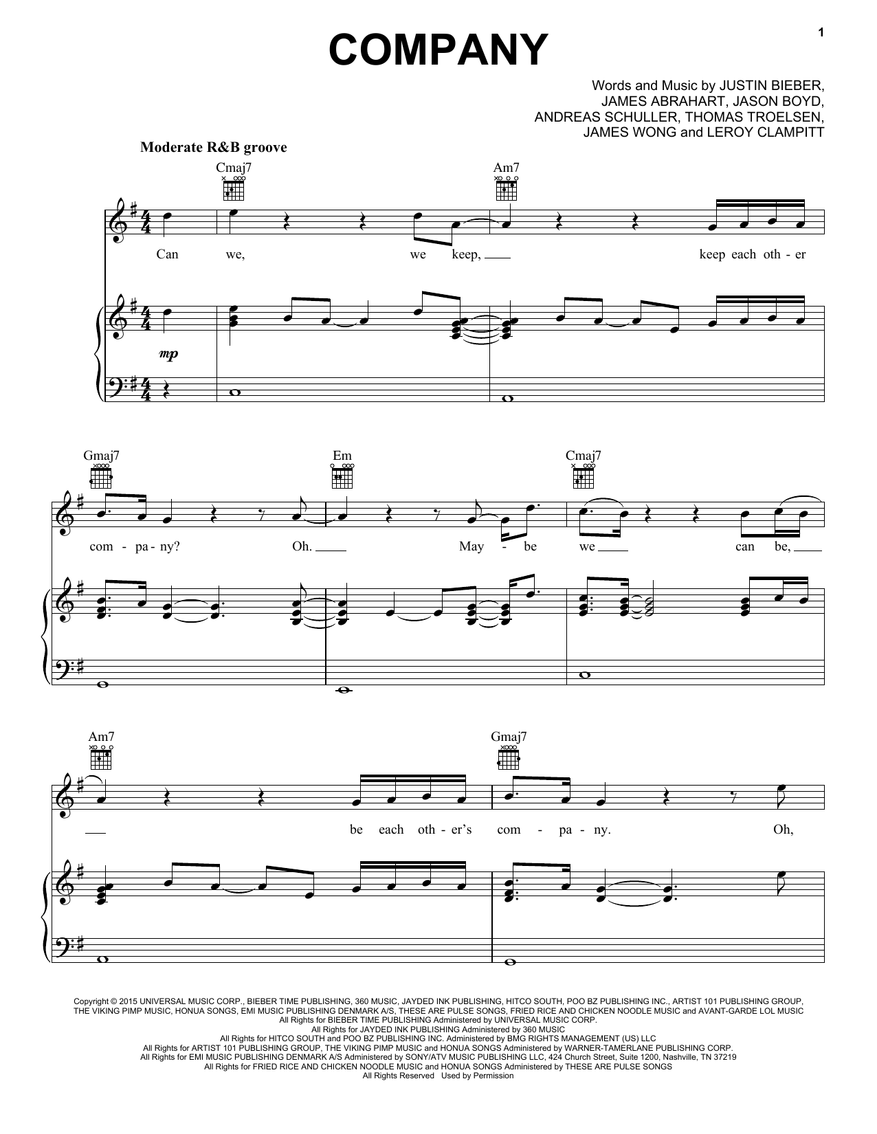 Justin Bieber Company Sheet Music