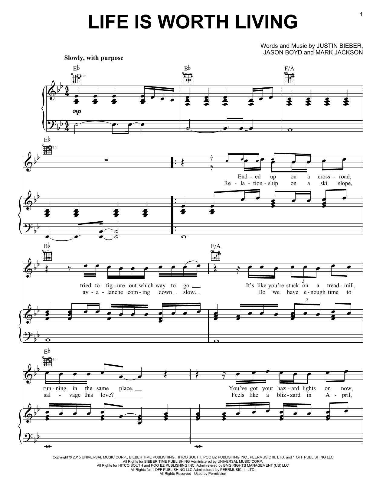 Justin Bieber Life Is Worth Living Sheet Music