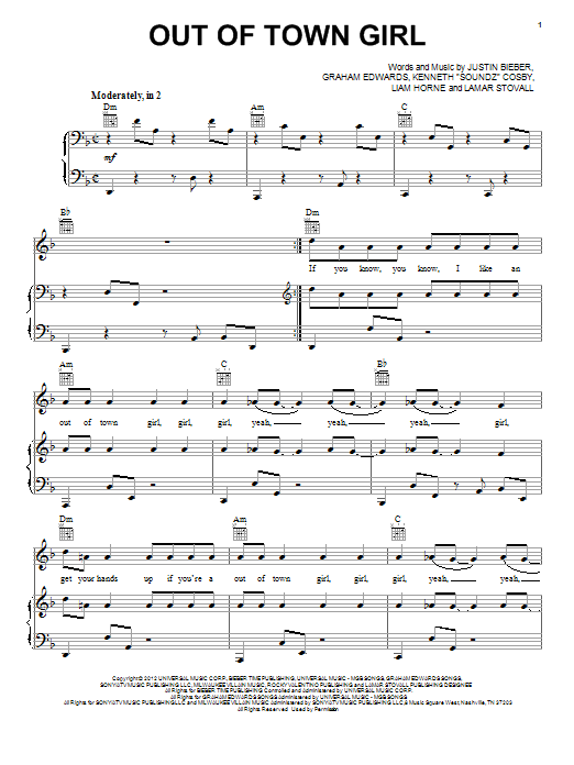 Justin Bieber Out Of Town Girl Sheet Music