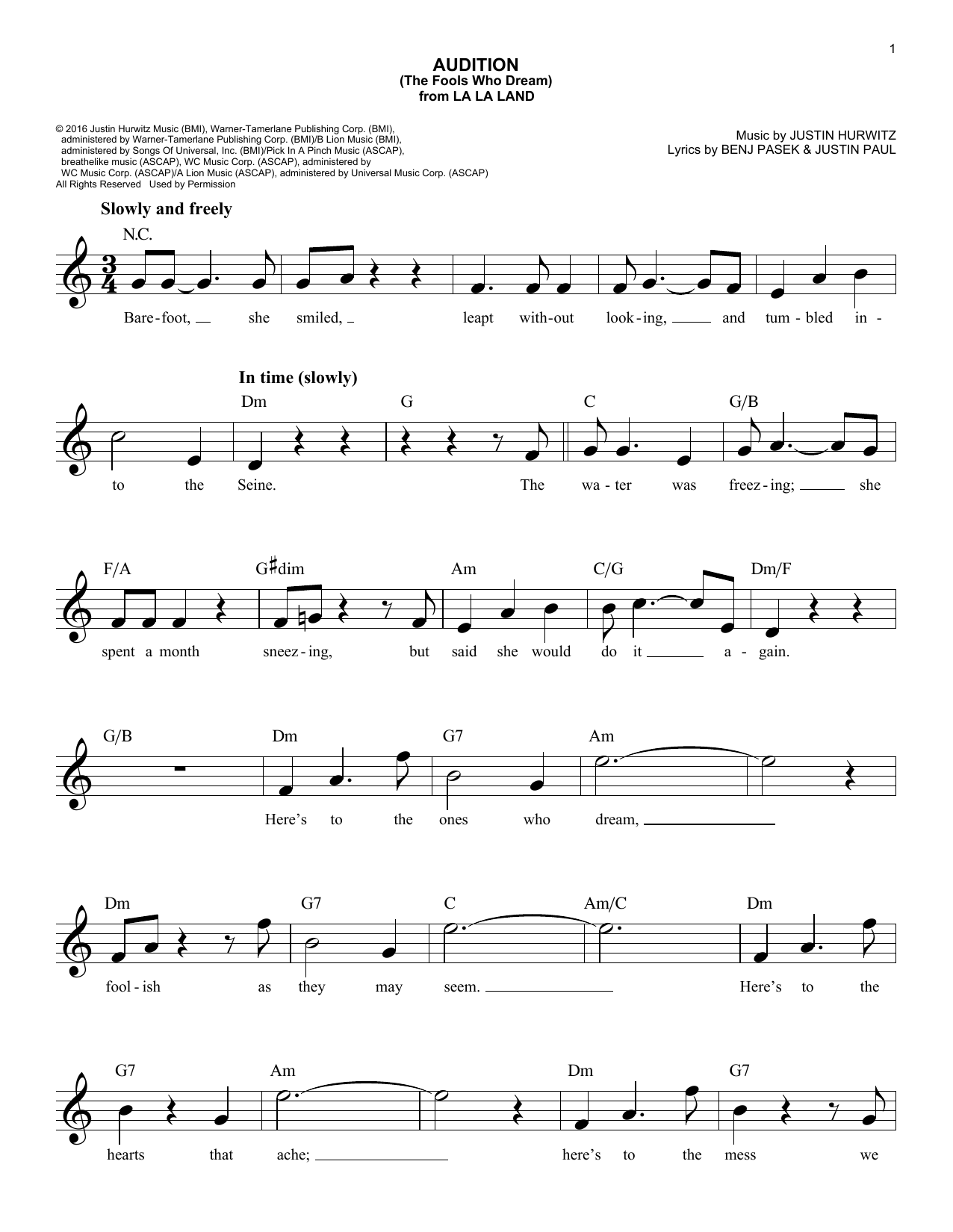 Justin Hurwitz Audition (The Fools Who Dream) (from La La Land) Sheet Music