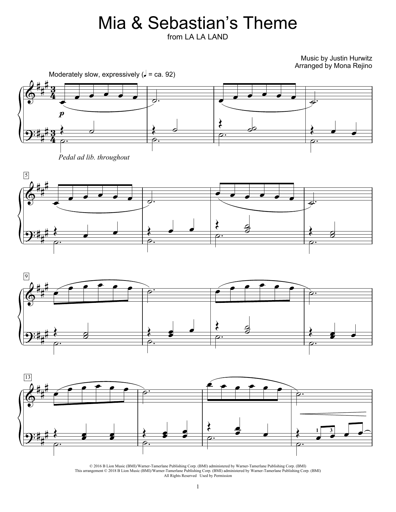 Justin Hurwitz Mia & Sebastian's Theme (from La La Land) (arr. Mona Rejino) Sheet Music