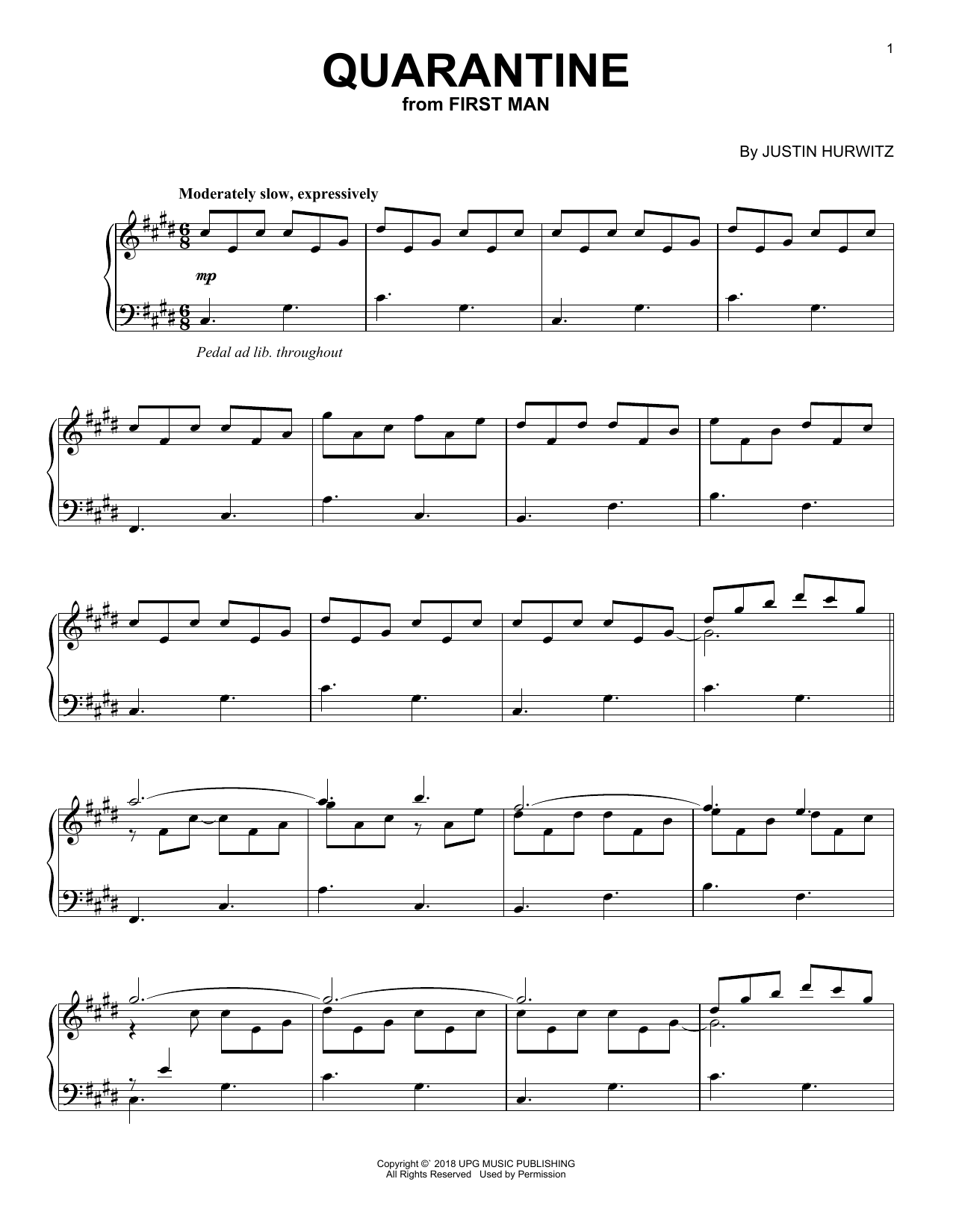 Justin Hurwitz Quarantine (from First Man) Sheet Music