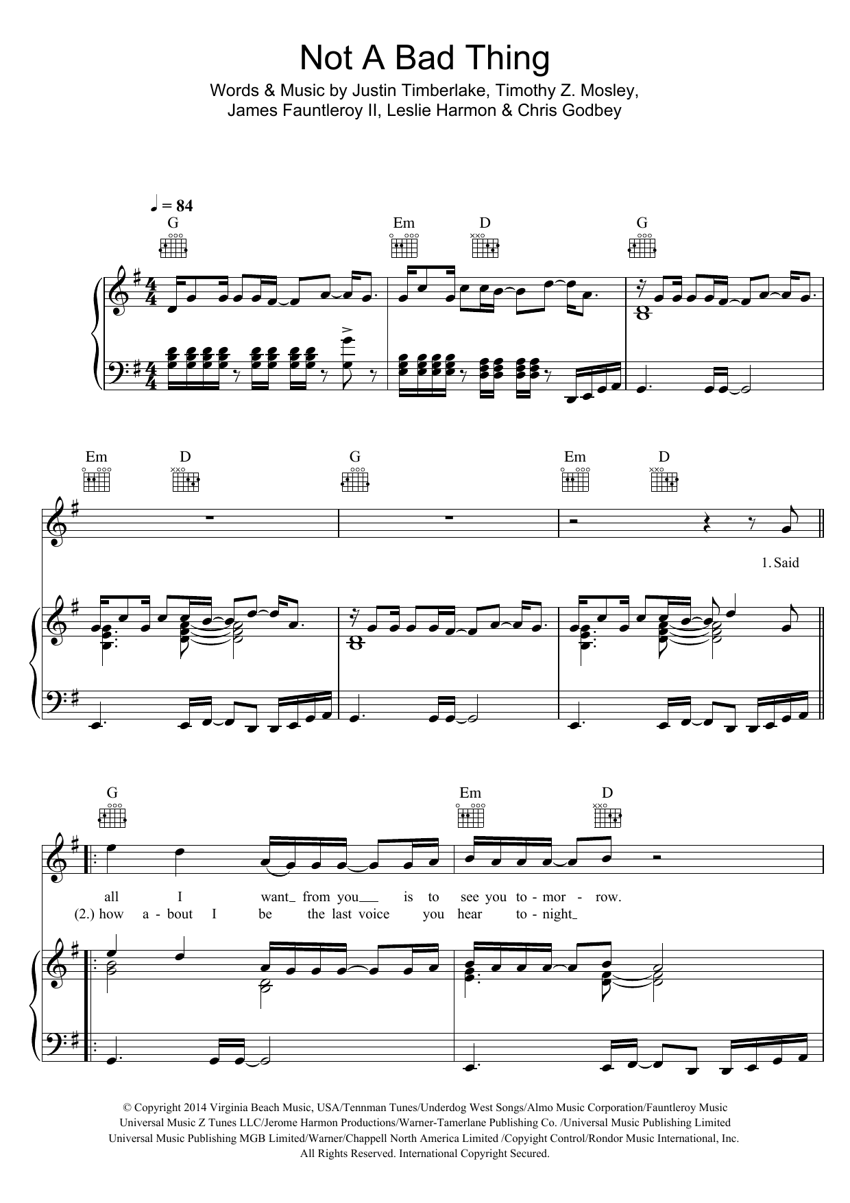 Justin Timberlake Not A Bad Thing Sheet Music