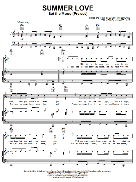 Justin Timberlake Summer Love (Set The Mood Prelude) Sheet Music
