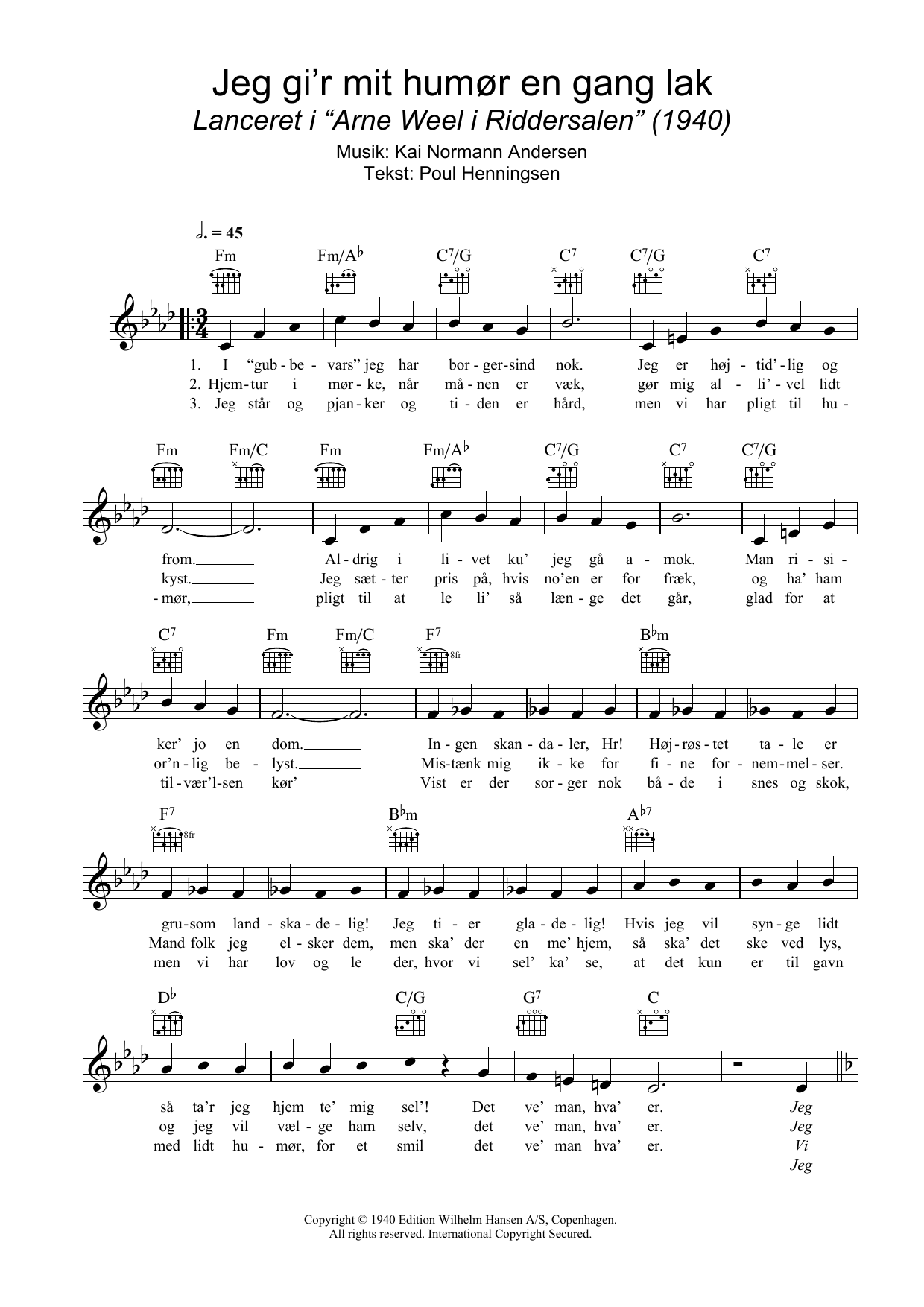Kai Normann Andersen Jeg Gi'r Mit Humor En Gang Lak Sheet Music