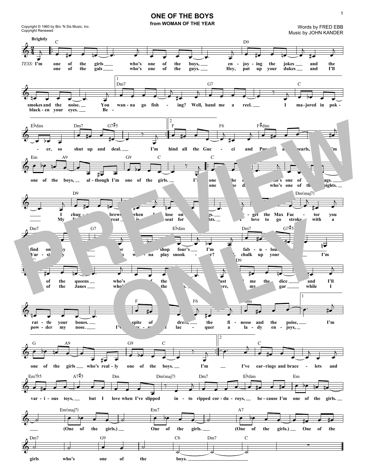 Kander & Ebb One Of The Boys (from Woman Of The Year) Sheet Music