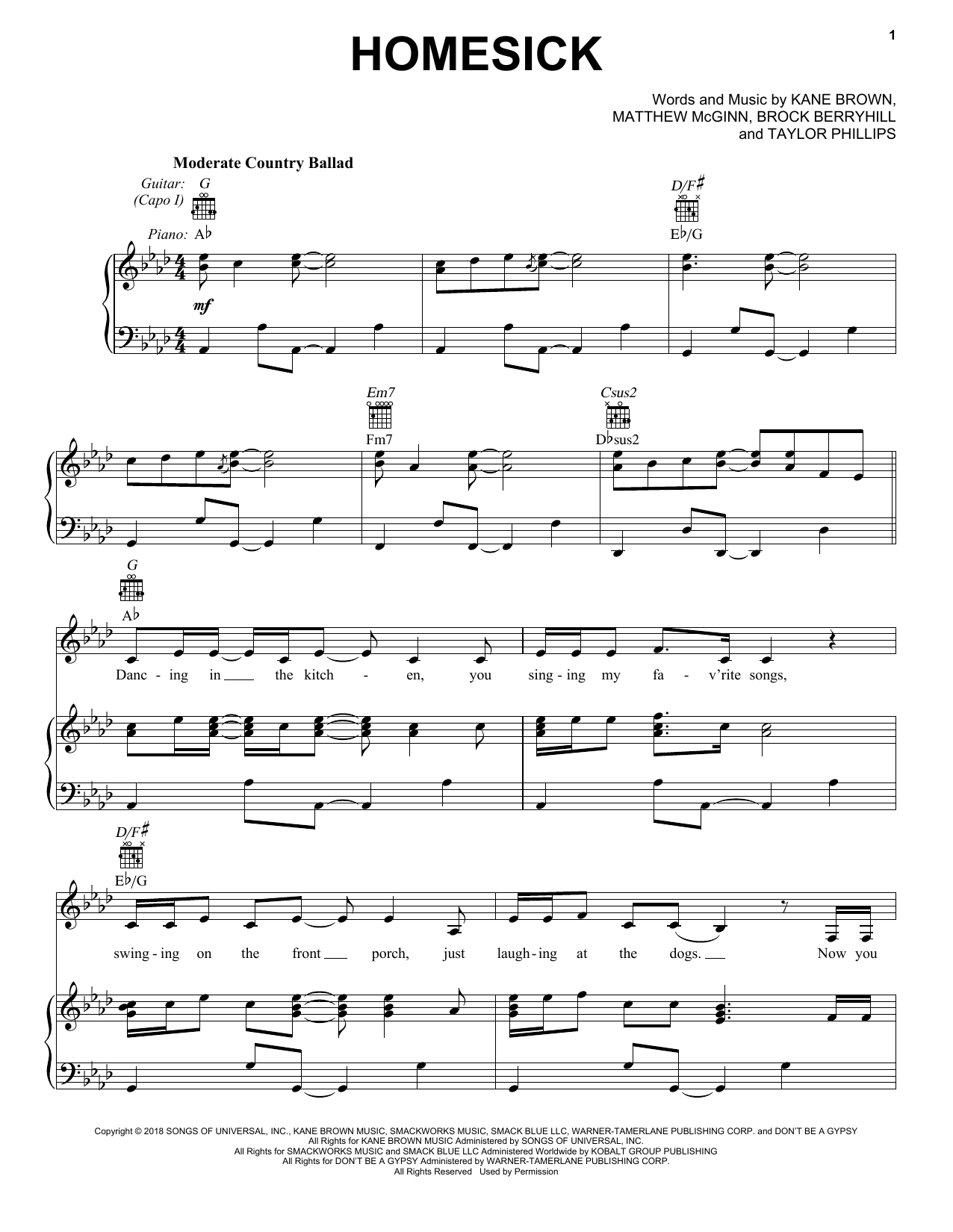 Kane Brown Homesick Sheet Music