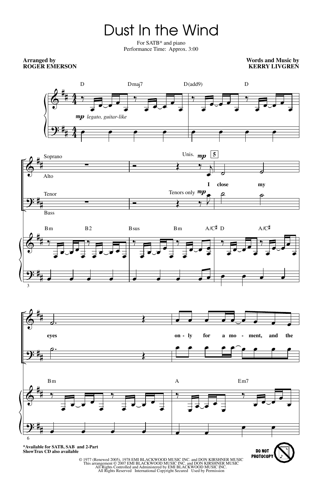 Kansas Dust In The Wind (arr. Roger Emerson) Sheet Music