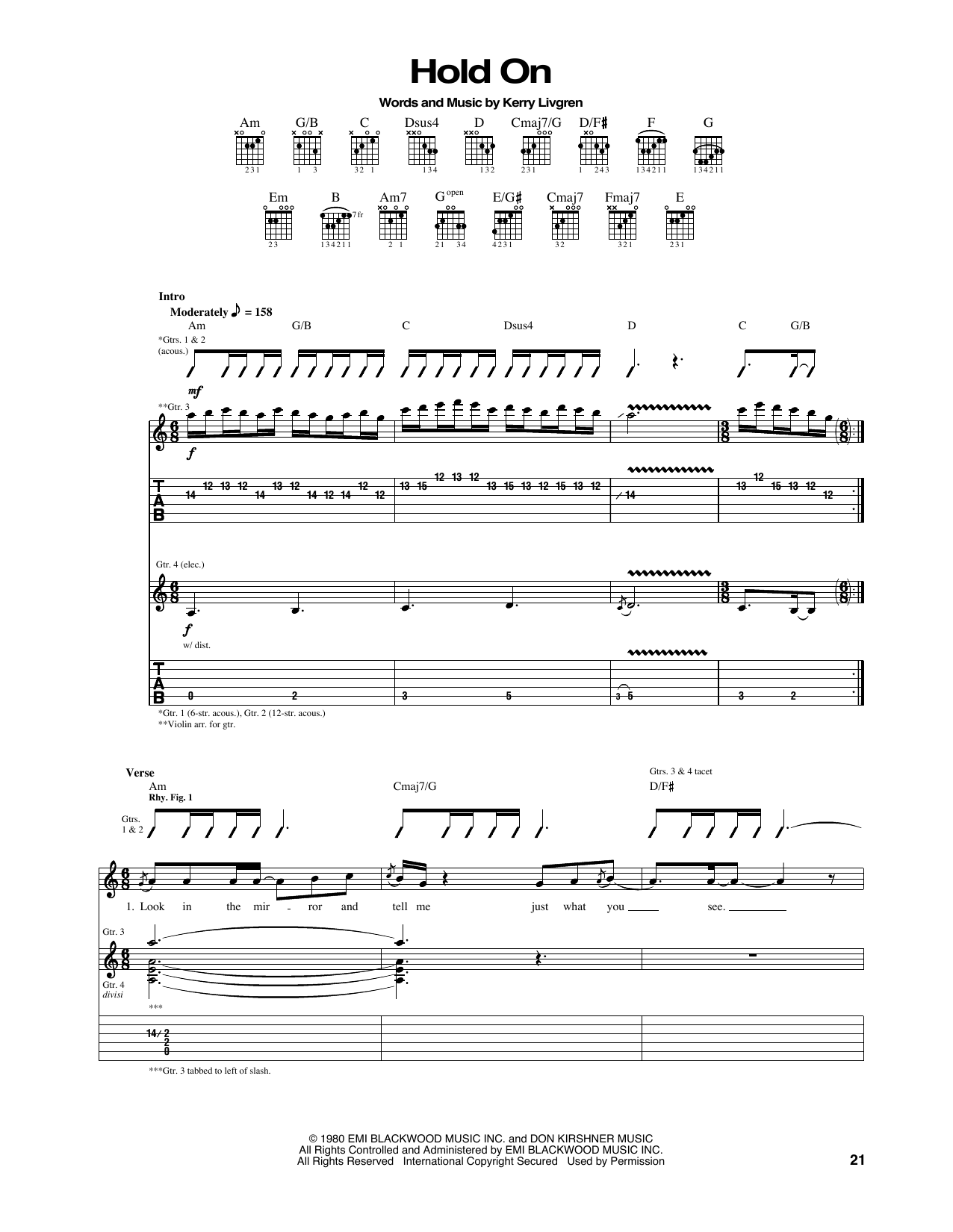 Kansas Hold On Sheet Music