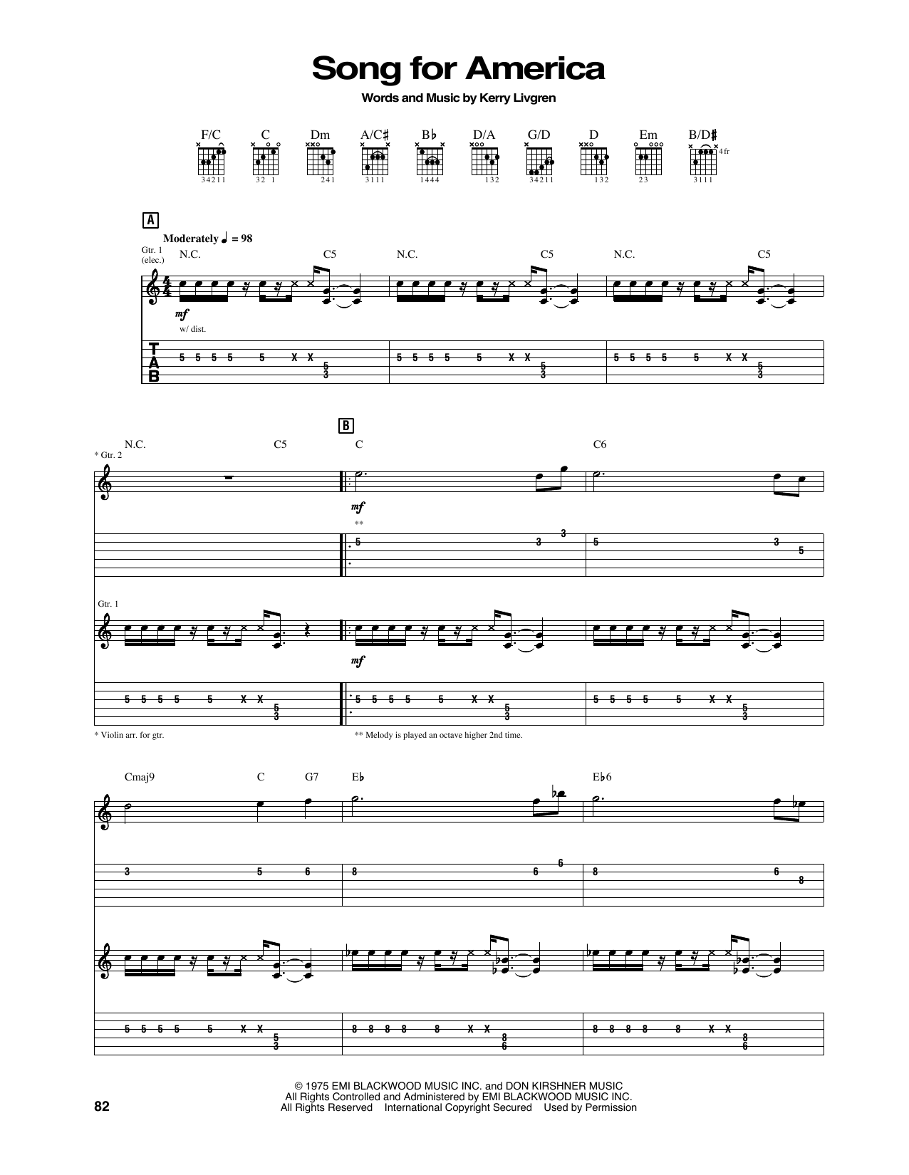 Kansas Song For America Sheet Music