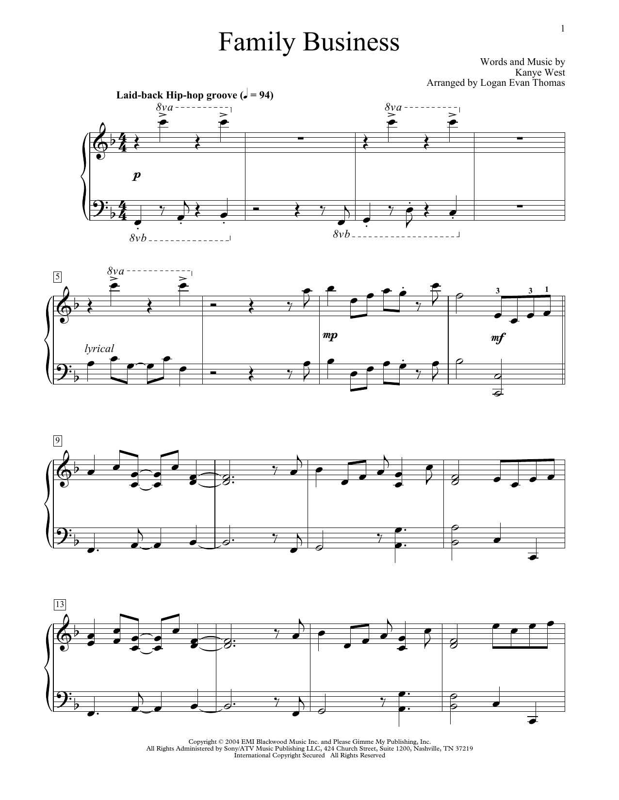 Kanye West Family Business (arr. Logan Evan Thomas) Sheet Music
