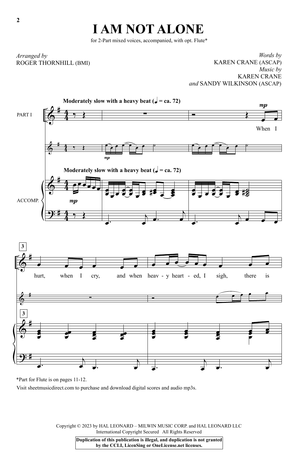 Karen Crane and Sandy Wilkinson I Am Not Alone (arr. Roger Thornhill) Sheet Music