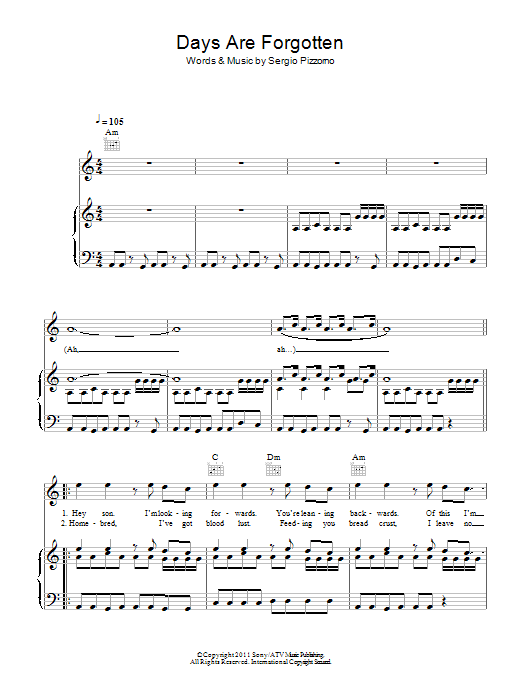 Kasabian Days Are Forgotten Sheet Music