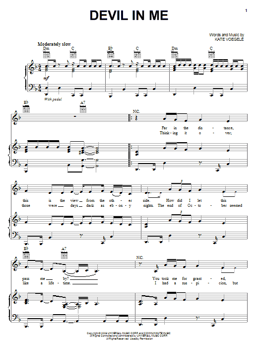 Kate Voegele Devil In Me Sheet Music