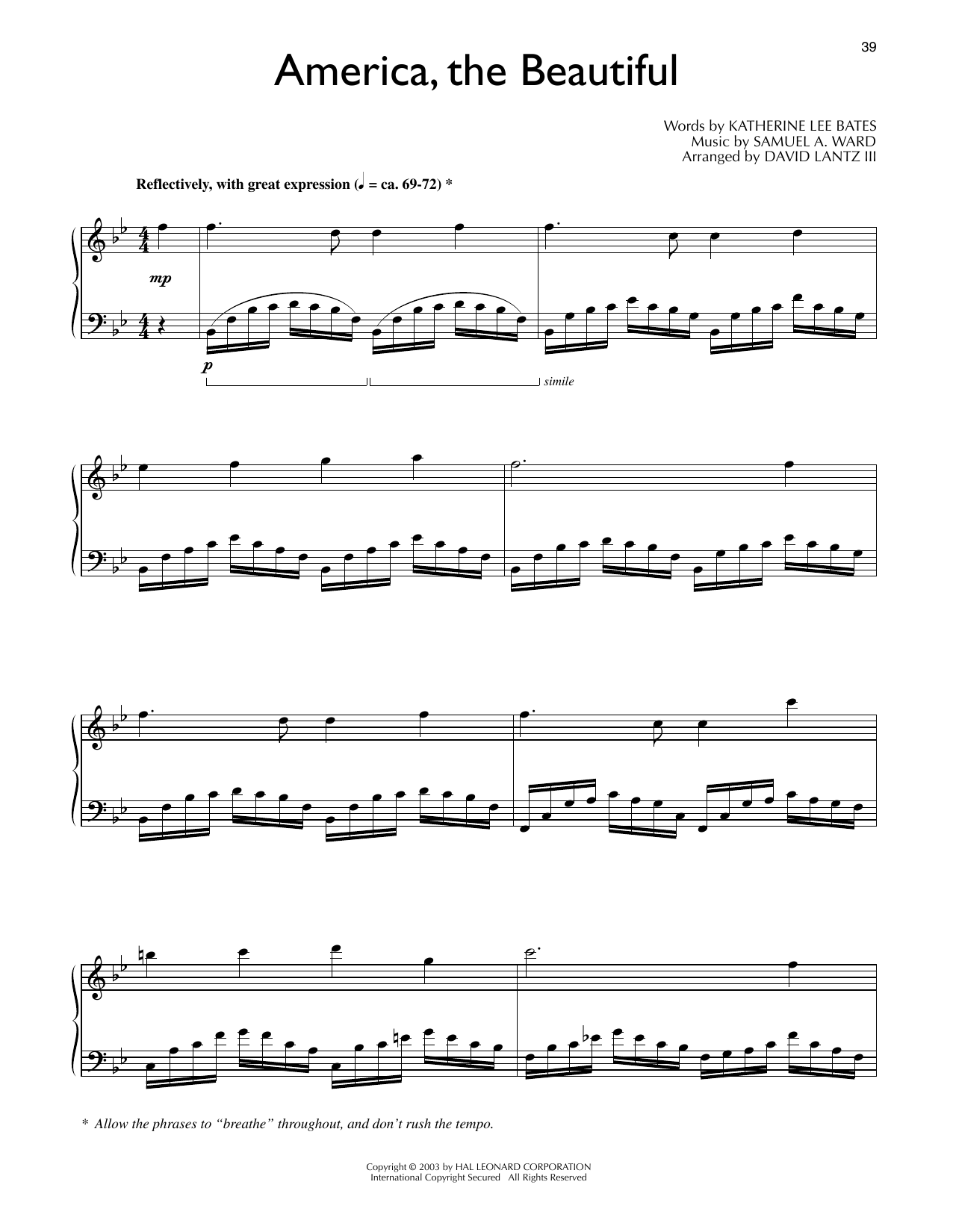 Katharine Lee Bates America, The Beautiful (arr. David Lantz III) Sheet Music