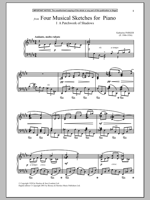 Katharine Parker Four Musical Sketches For Piano, A Patchwork Of Shadows Sheet Music