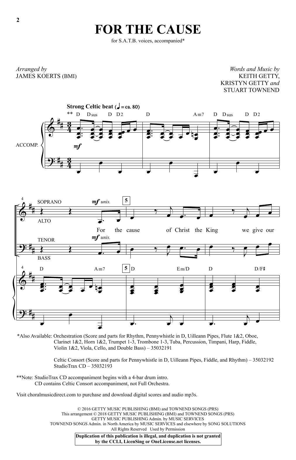 Keith and Kristyn Getty For the Cause (arr. James Koerts) Sheet Music