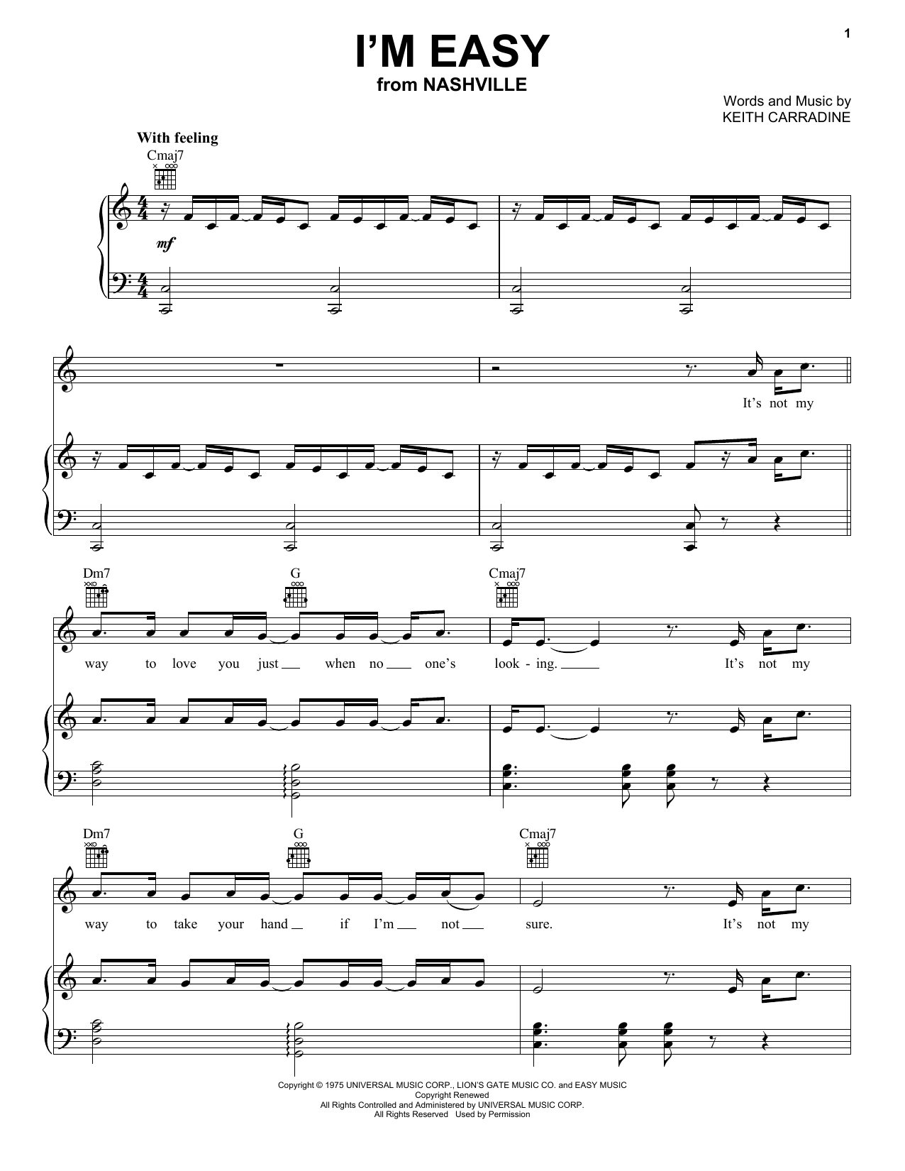 Keith Carradine I'm Easy Sheet Music