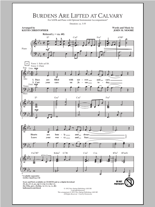 Keith Christopher Burdens Are Lifted At Calvary Sheet Music