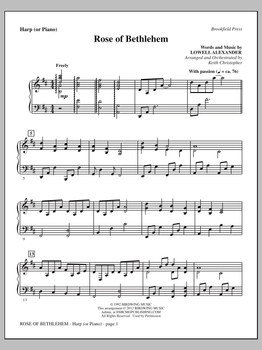 Keith Christopher Rose Of Bethlehem - Harp (or Piano) Sheet Music