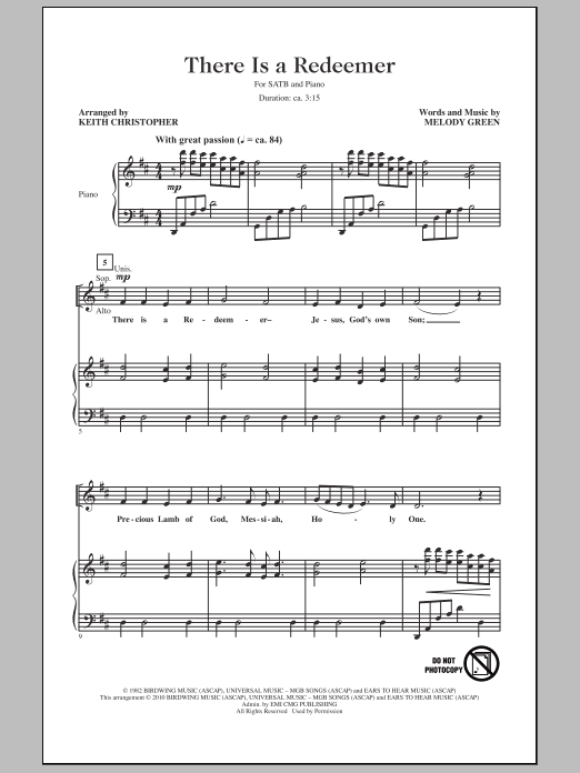 Keith Christopher There Is A Redeemer Sheet Music