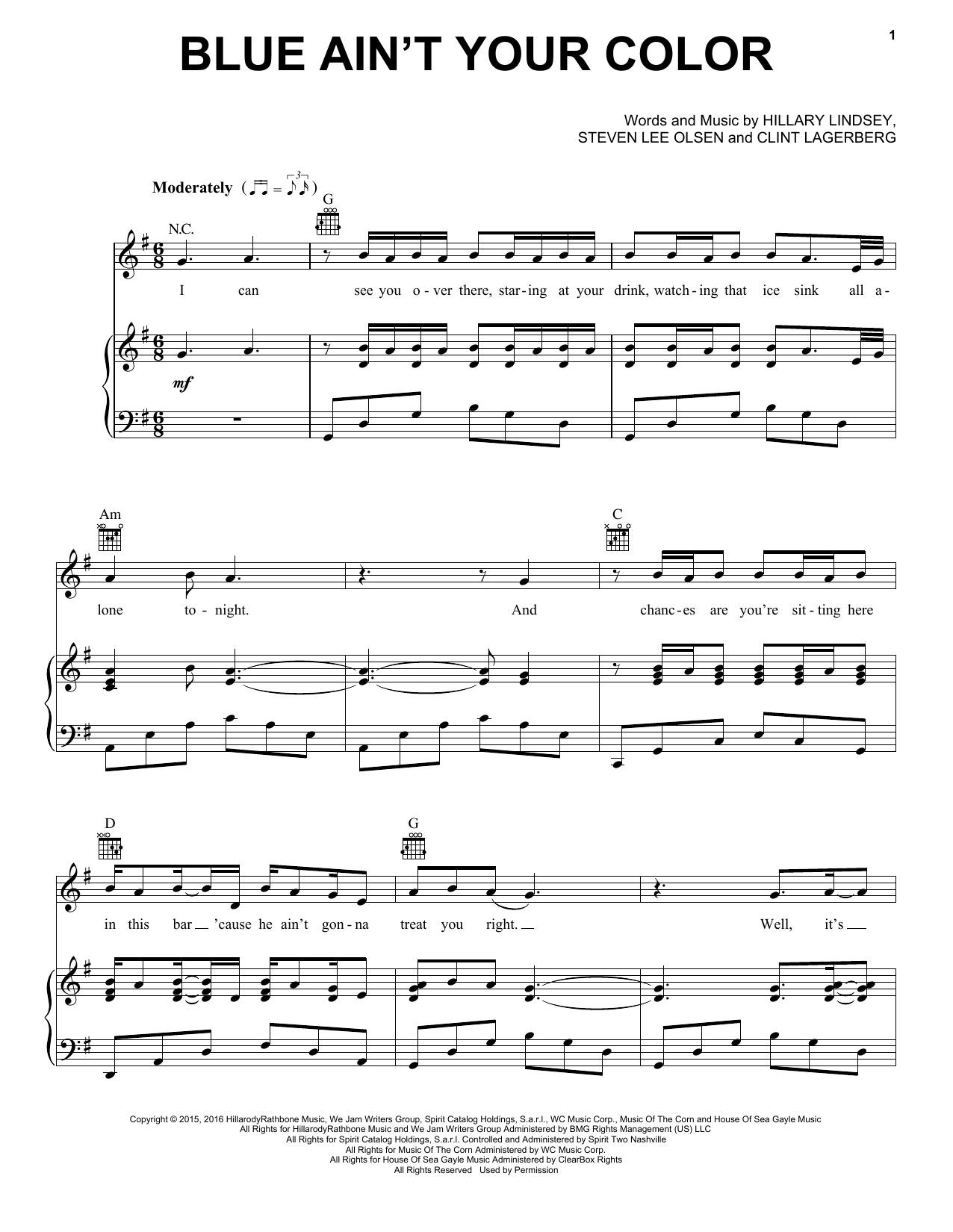 Keith Urban Blue Ain't Your Color Sheet Music