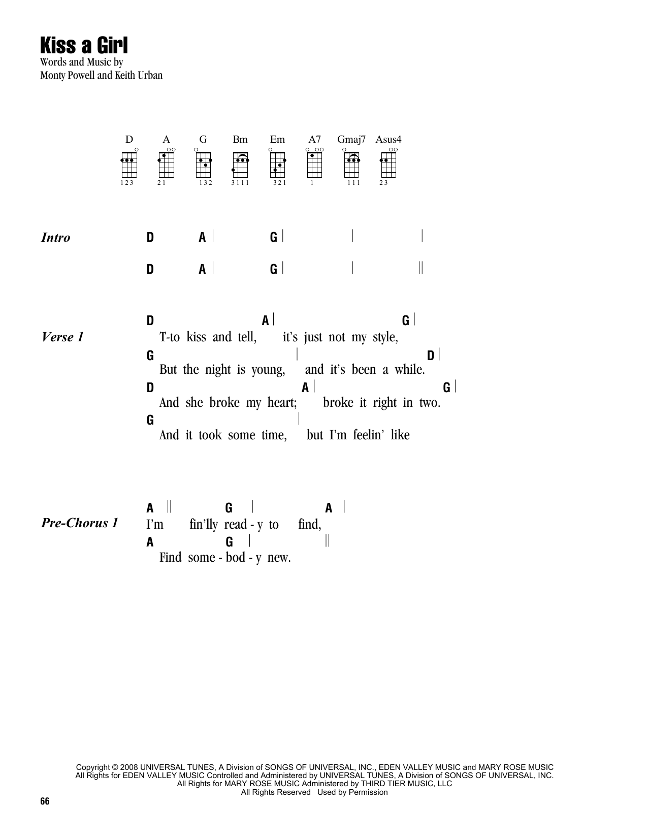 Keith Urban Kiss A Girl Sheet Music