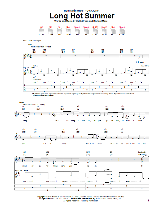 Keith Urban Long Hot Summer Sheet Music