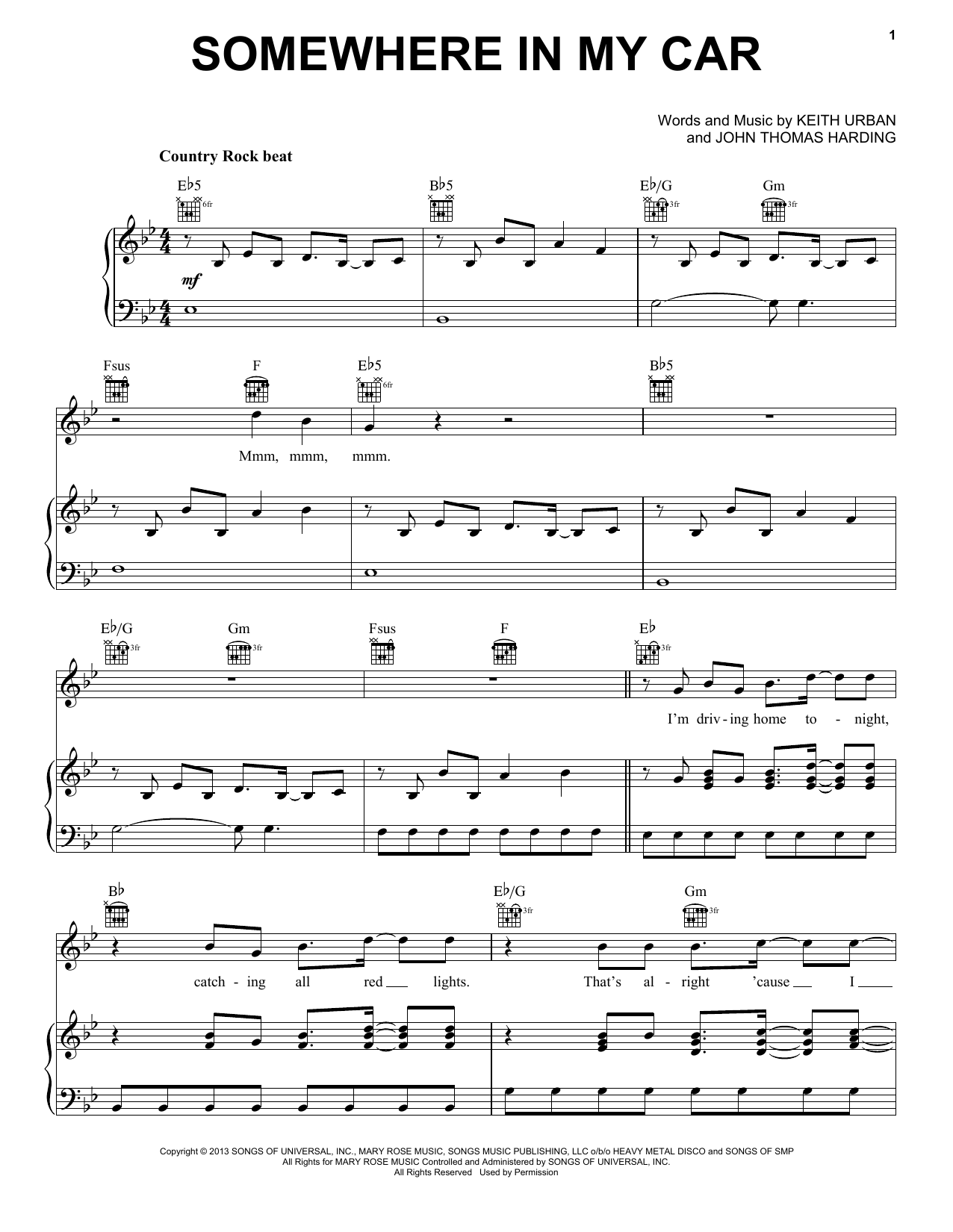Keith Urban Somewhere In My Car Sheet Music