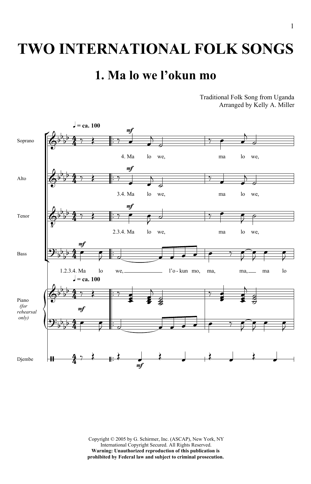 Kelly Miller Two International Folk Songs Sheet Music