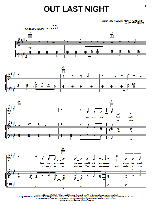 Kenny Chesney Out Last Night Sheet Music