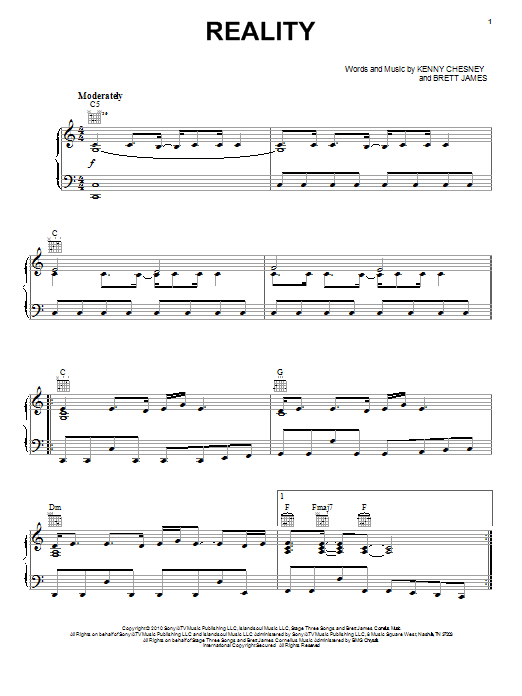 Kenny Chesney Reality Sheet Music