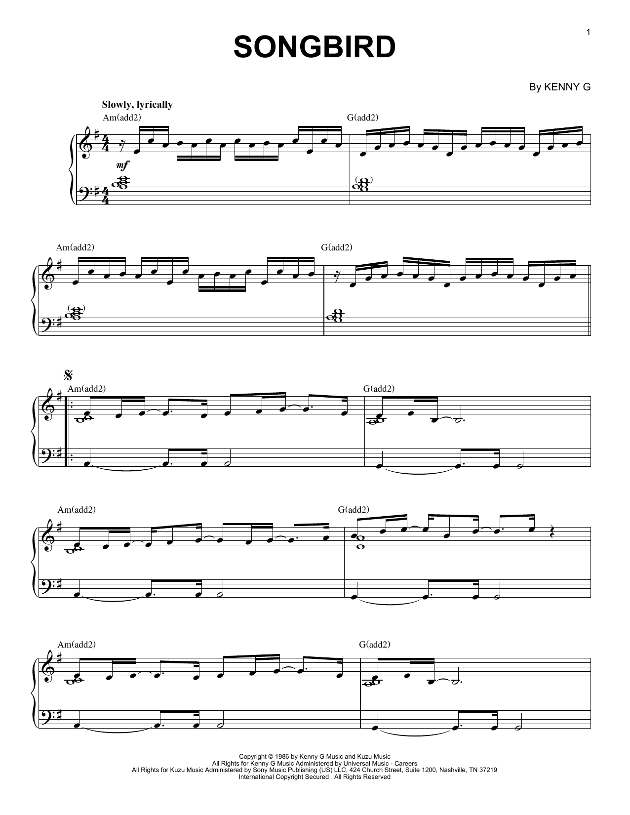Kenny G Songbird (arr. Larry Moore) Sheet Music