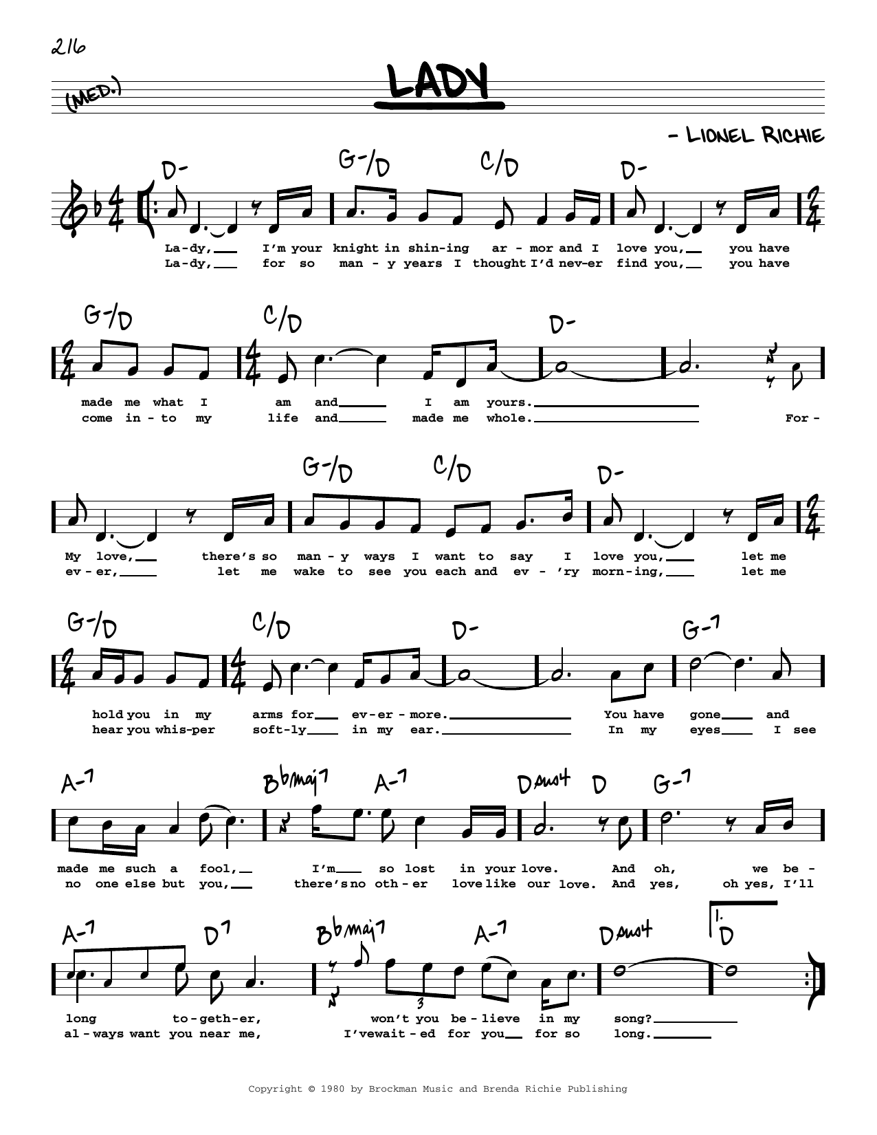 Kenny Rogers Lady (High Voice) Sheet Music