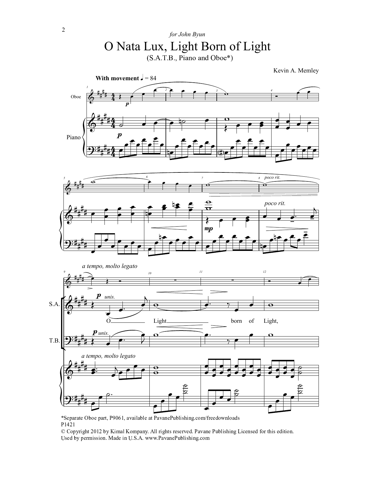 Kevin A. Memley O Nata Lux, Born of Light Sheet Music