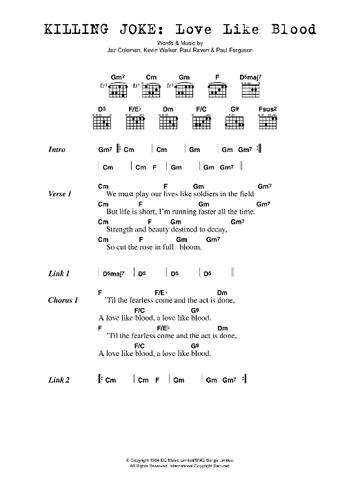 Killing Joke Love Like Blood Sheet Music