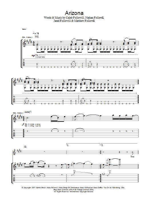 Kings Of Leon Arizona Sheet Music
