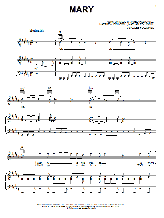 Kings Of Leon Mary Sheet Music