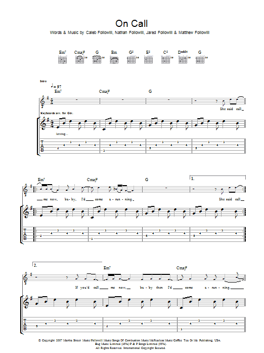 Kings Of Leon On Call Sheet Music