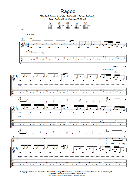 Kings Of Leon Ragoo Sheet Music