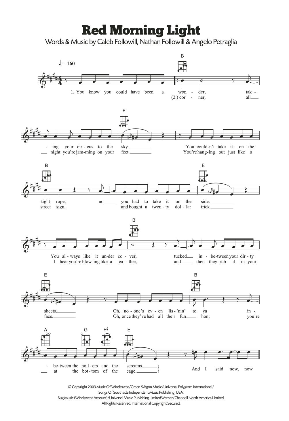 Kings Of Leon Red Morning Light Sheet Music