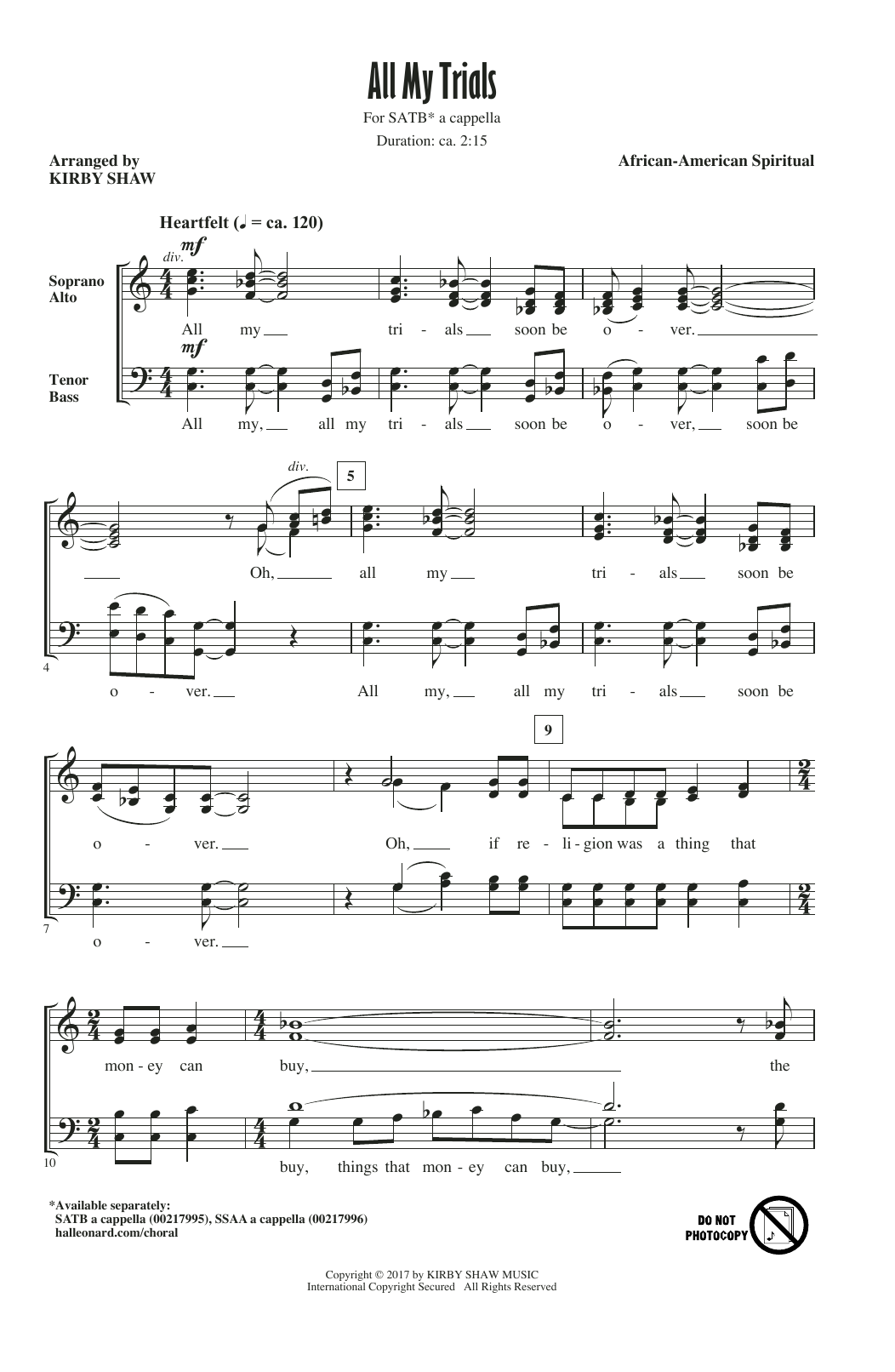 Kirby Shaw All My Trials Sheet Music