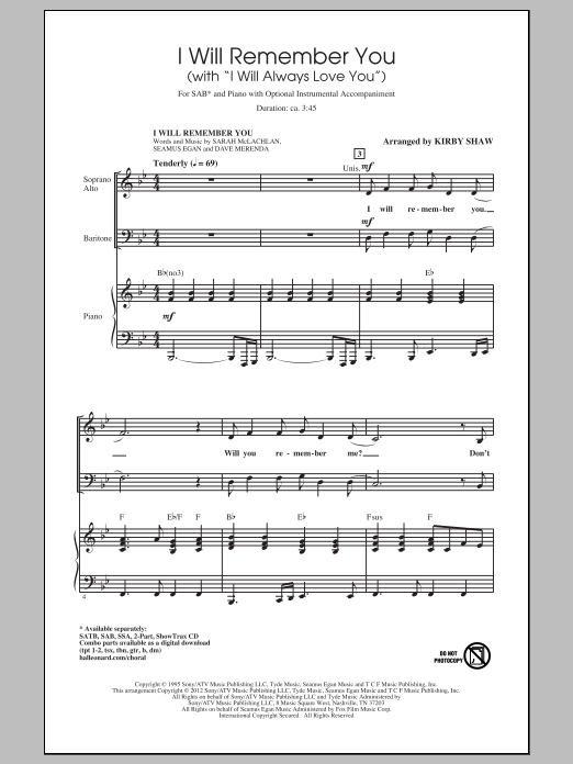 Kirby Shaw I Will Remember You (with I Will Always Love You) Sheet Music
