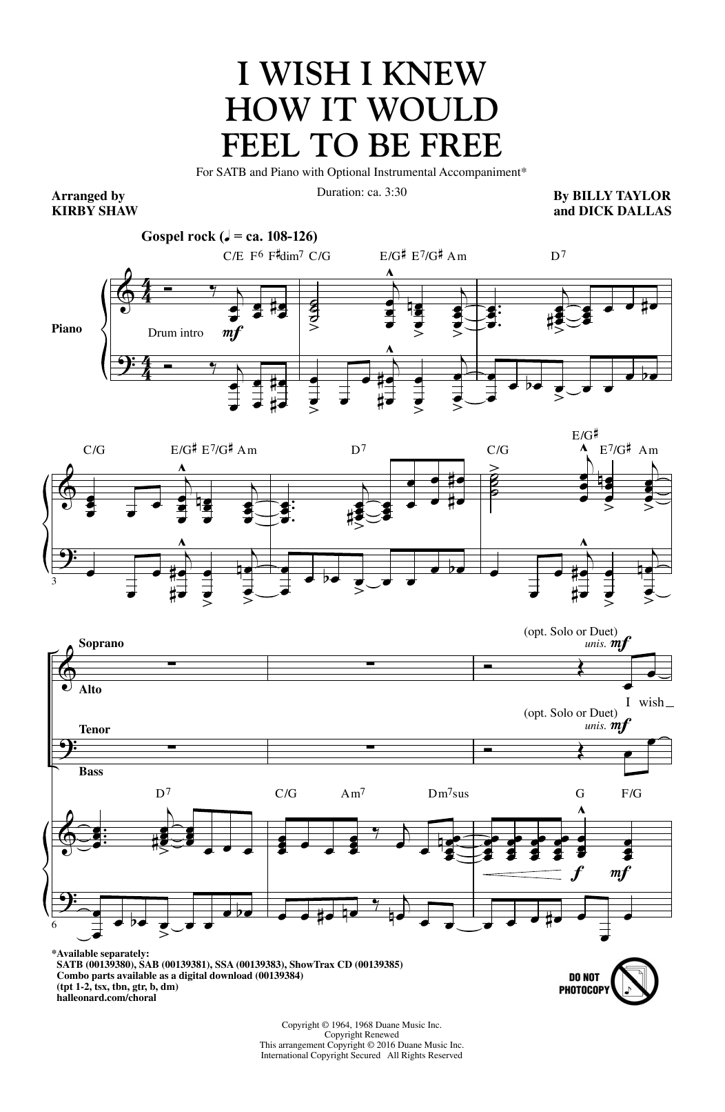 Kirby Shaw I Wish I Knew How It Would Feel To Be Free Sheet Music