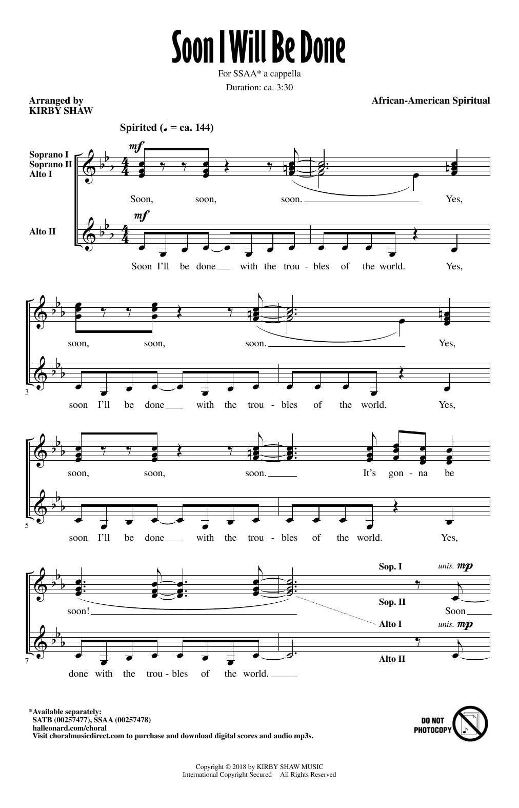 Kirby Shaw Soon I Will Be Done Sheet Music
