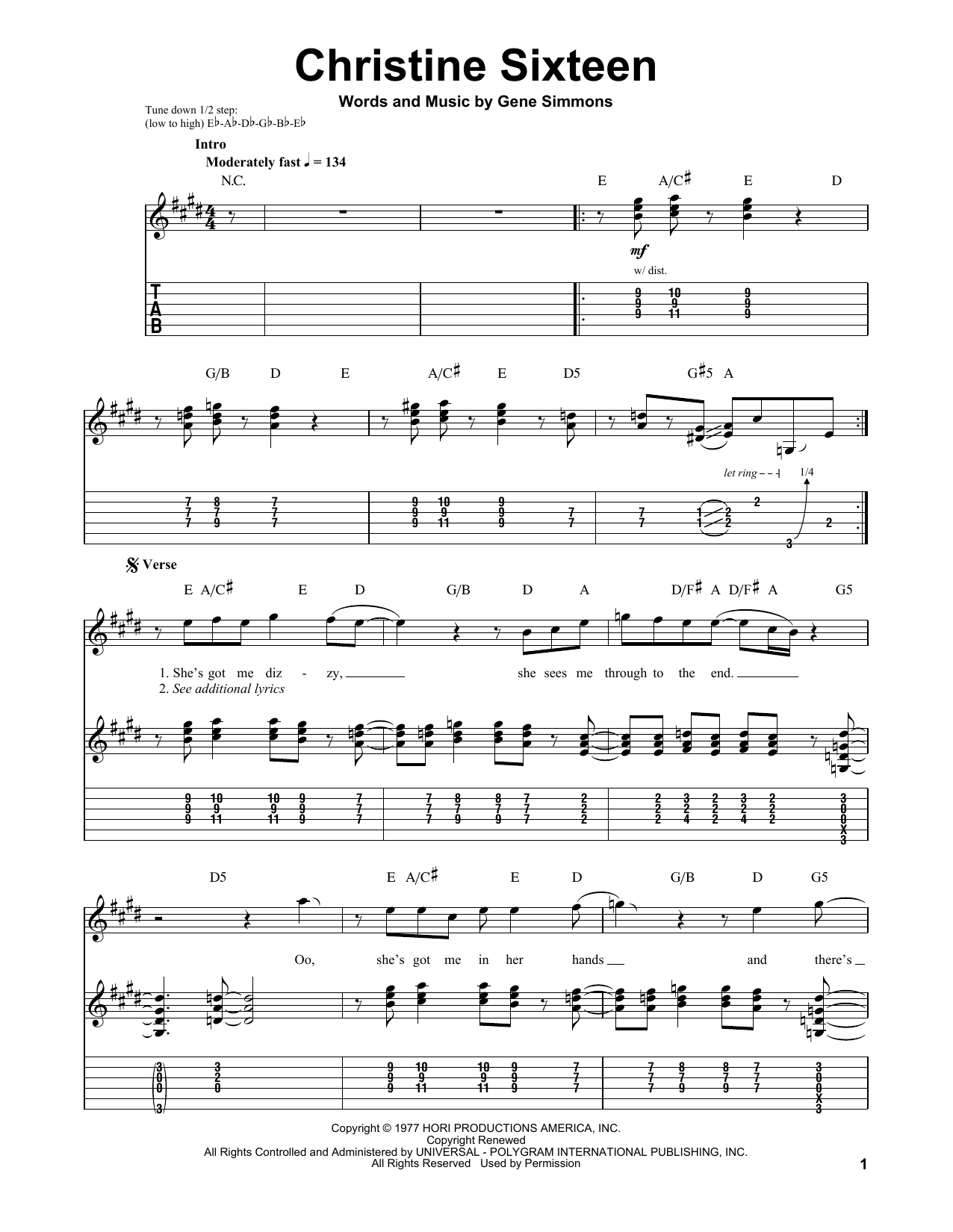 KISS Christine Sixteen Sheet Music
