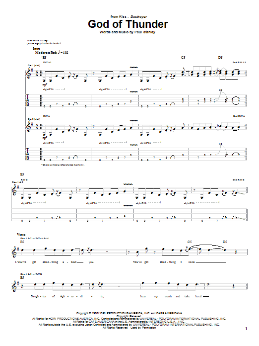 KISS God Of Thunder Sheet Music