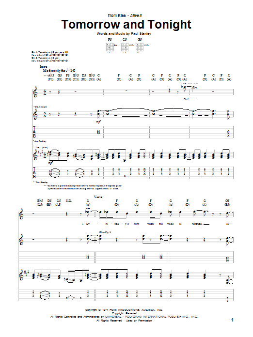 KISS Tomorrow And Tonight Sheet Music