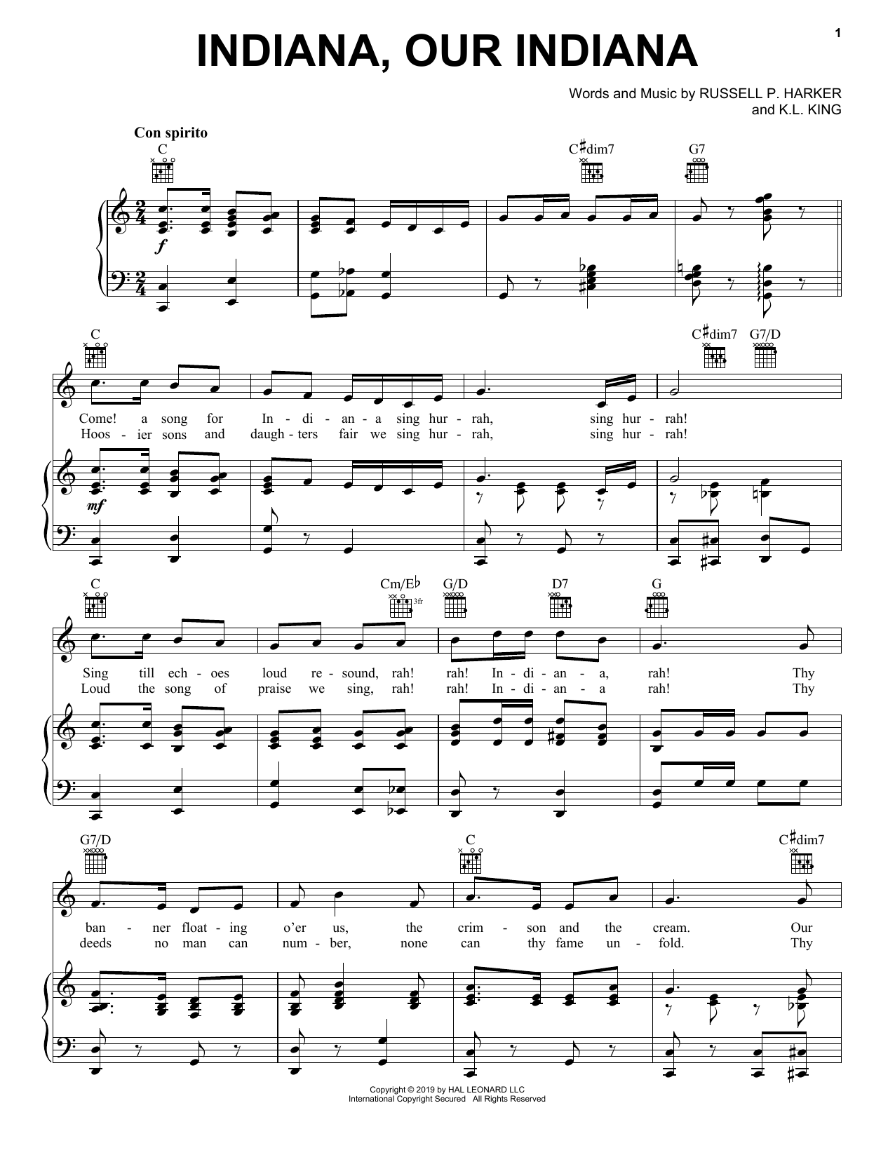 K.L. King Indiana, Our Indiana Sheet Music