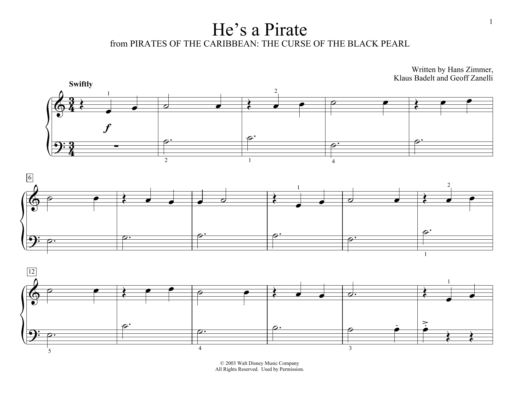 Klaus Badelt He's A Pirate (from Pirates Of The Caribbean: The Curse of the Black Pearl, arr. Sheet Music